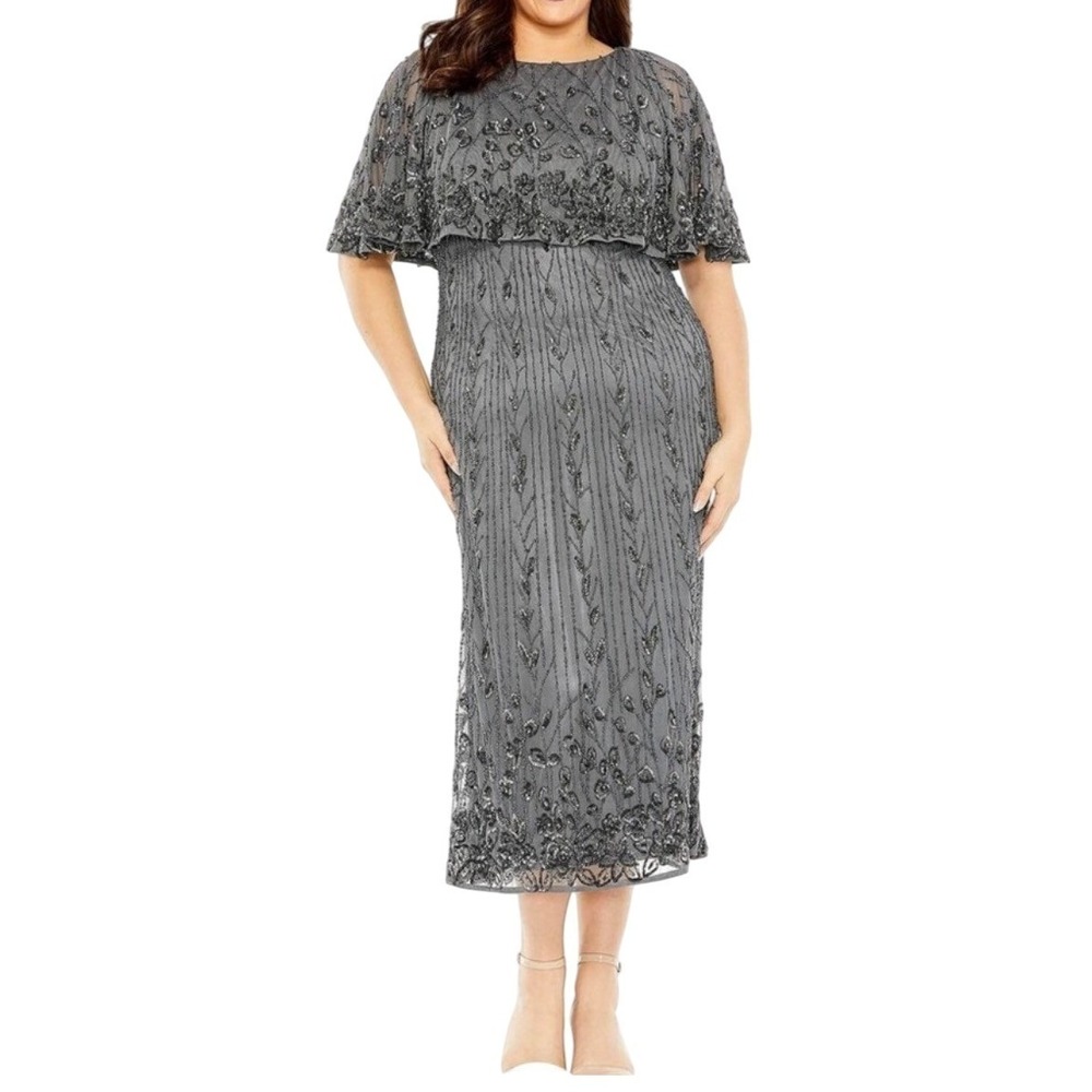 Mac Duggal Dress Womens Gray Beaded Embellished Capelet Midi Size 14W NEW